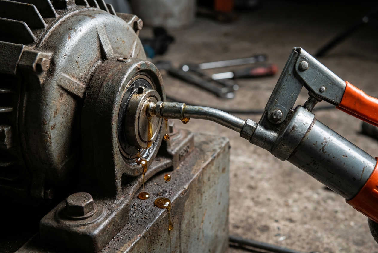 Vetspuit-mondstuk op een smeernippel van een elektromotorlager