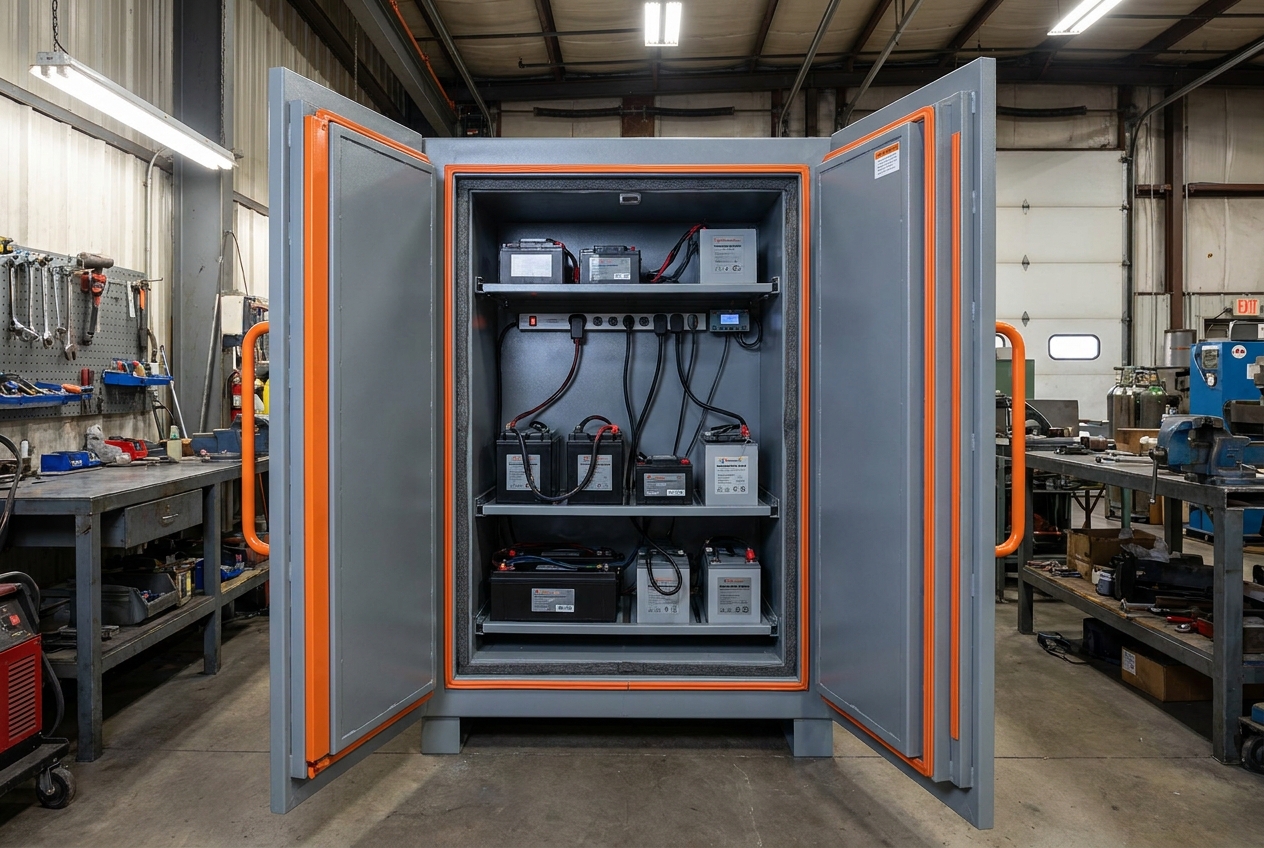 Geopende brandwerende veiligheidskast met accupacks op interne schappen