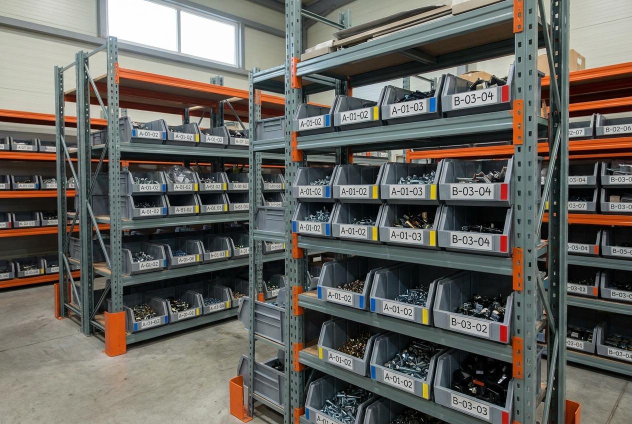 Overzichtelijke magazijnschappen met gelabelde vaklocaties en zonemarkeringen