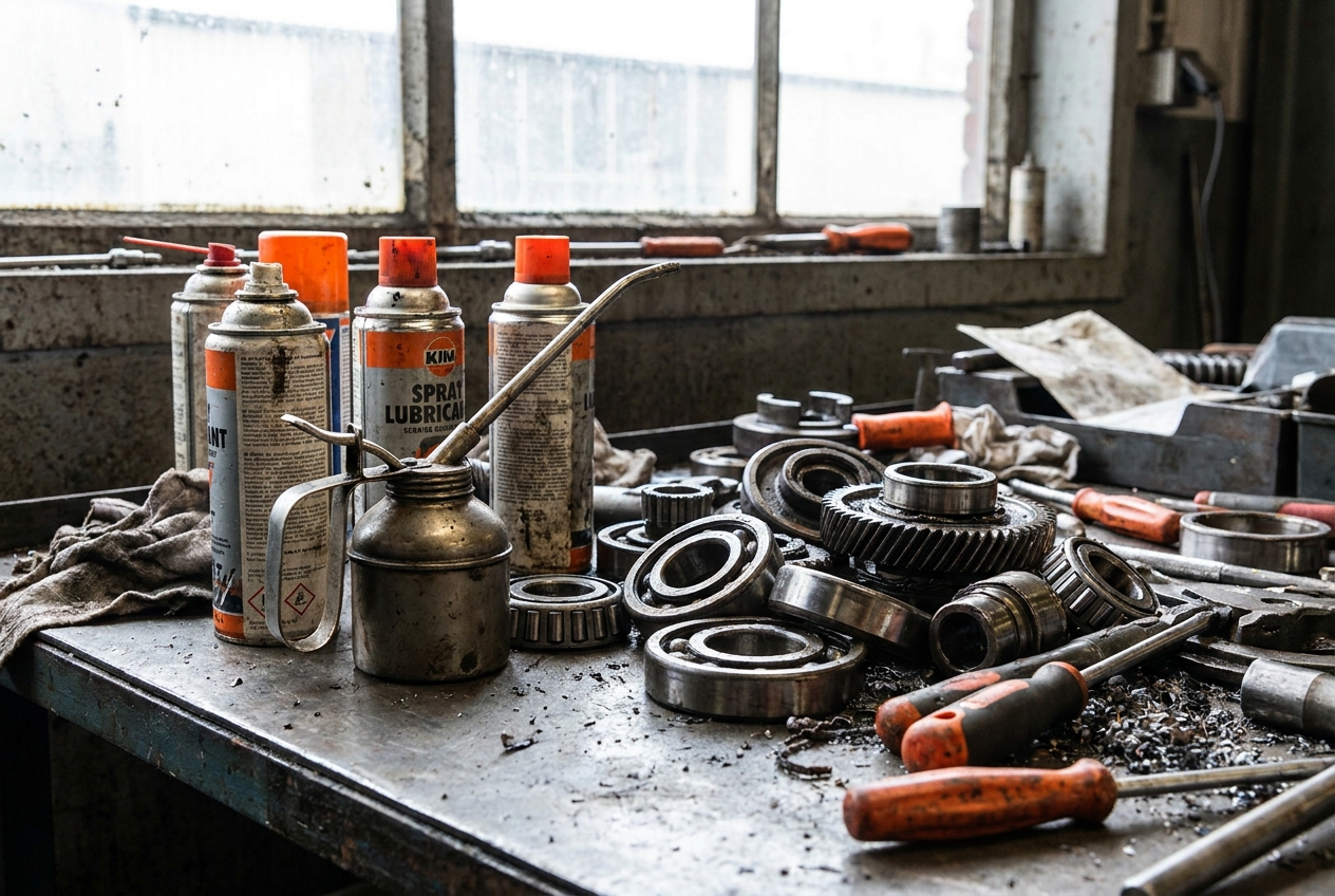 Werkbank met kruipolie, smeervet en machineonderdelen in een werkplaats