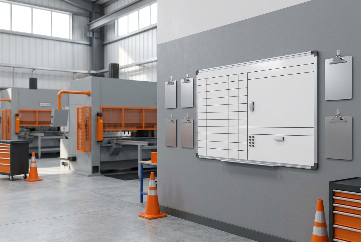 Onderhoudsplanning met planbord en klembord bij machines in een werkplaats