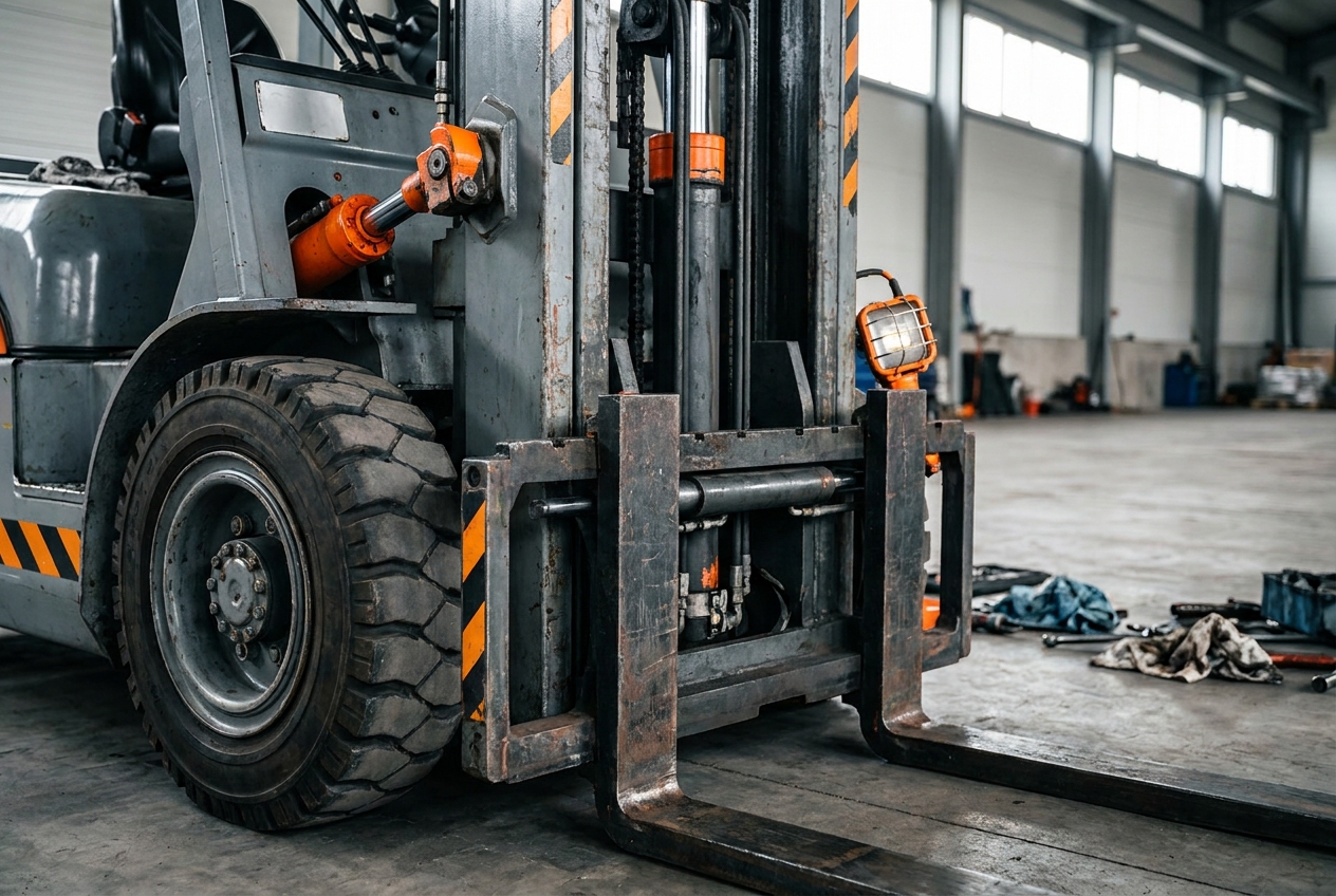 Heftruck wordt gecontroleerd, close-up van banden en hefmast in een magazijn