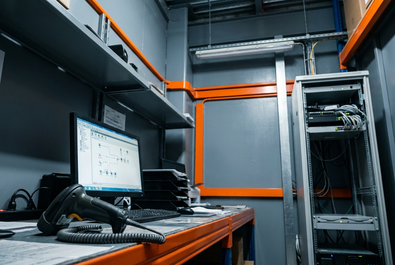 Barcodescanner en scherm van een cloud-WMS in het magazijn
