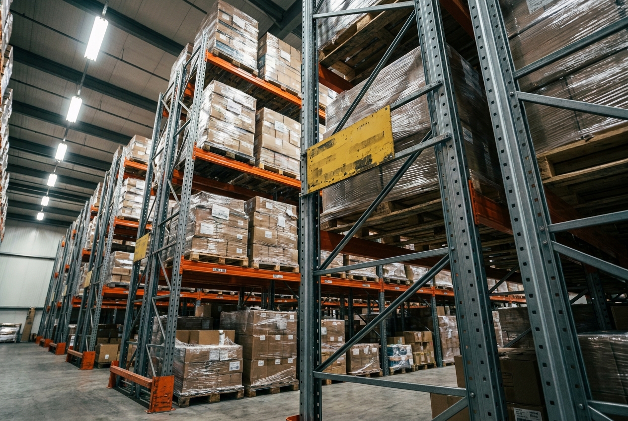Laag standpunt langs een beladen palletstelling