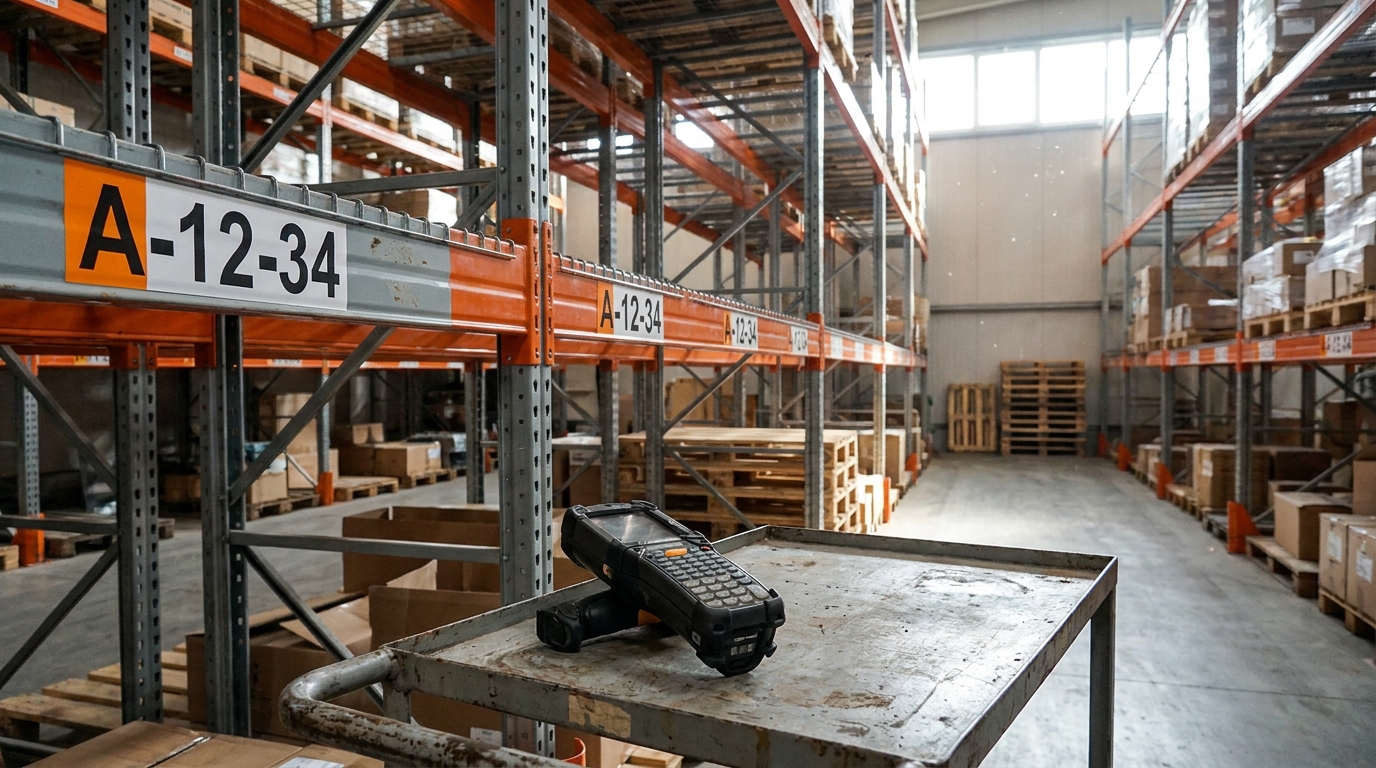 Magazijngang met palletstellingen en locatielabels