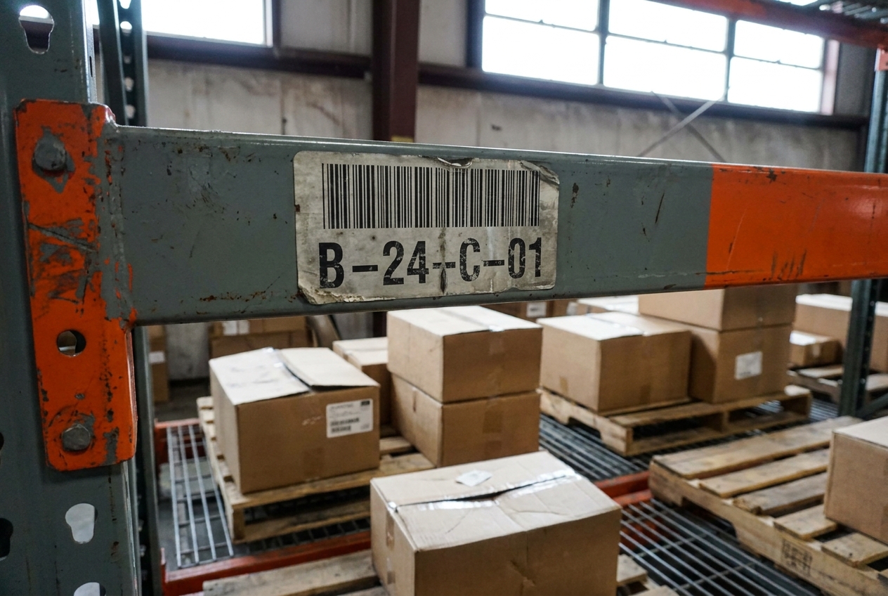 Locatielabel op een stellingligger met barcode in het magazijn