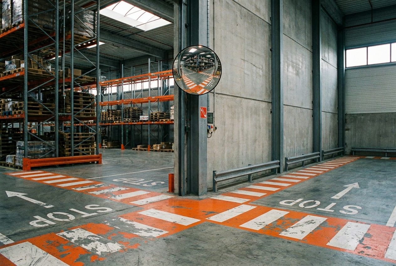 Industriele veiligheidsspiegel bij een blinde hoek in het magazijn