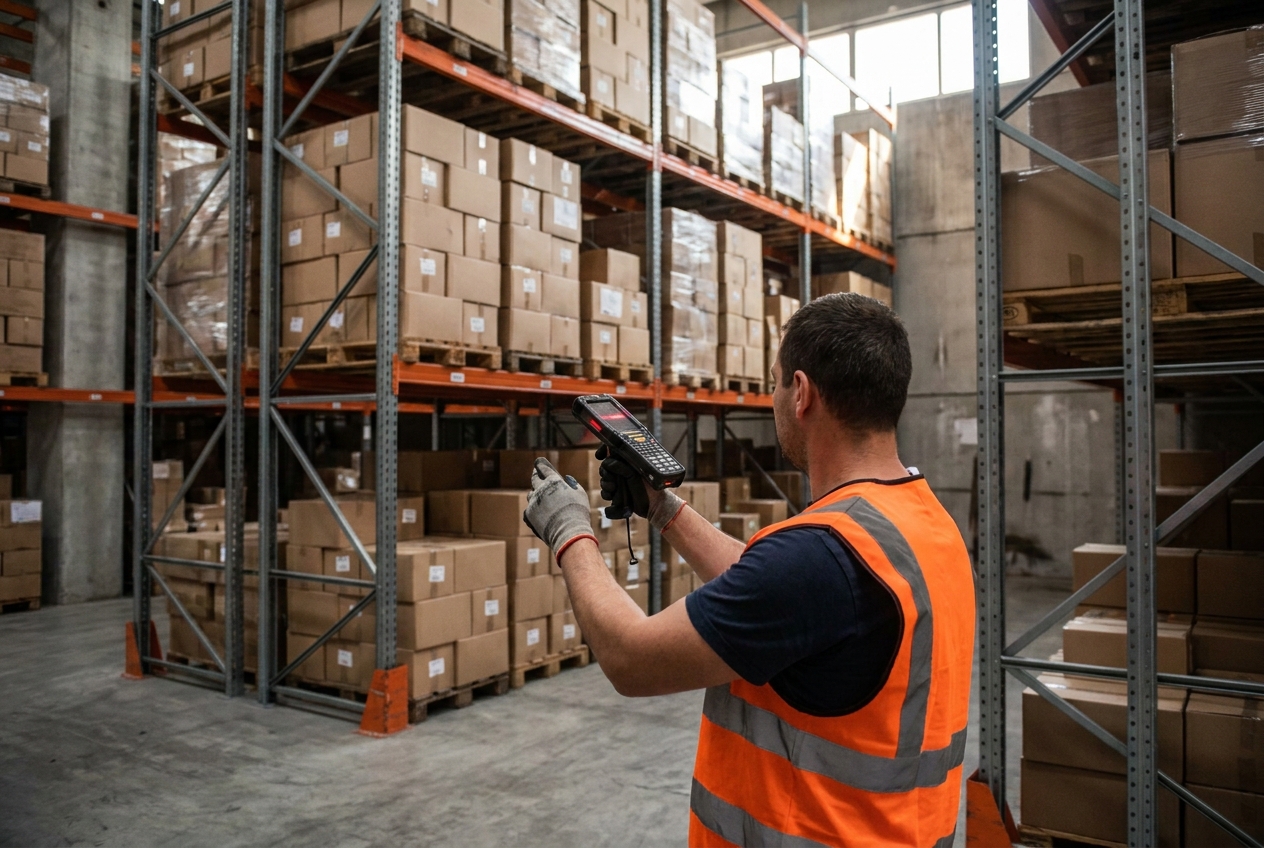 Magazijnmedewerker met handscanner bij stellingen tijdens een WMS-implementatie